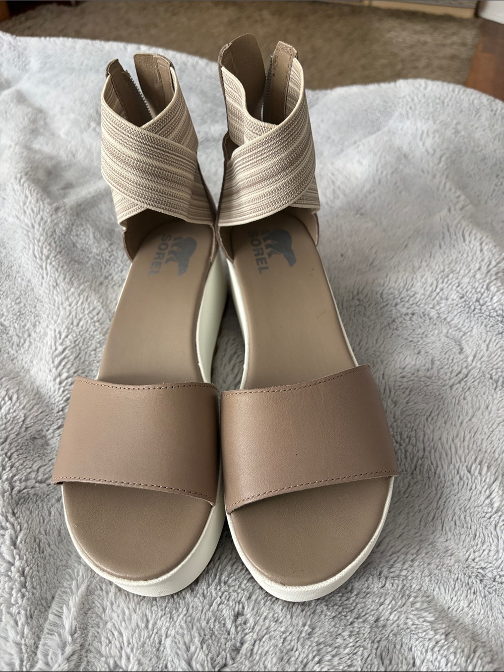 EUC Sorel Cameron Taupe Cross-Strap Zip Ankle Sandals Size 8.5
